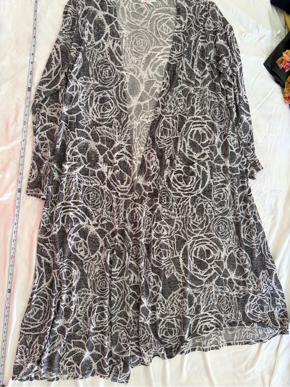 LuLaRoe Black and White Rose-Print Open Cardigan
